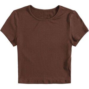 Women's Solid Crew Neck Ribbed Knit Short Sleeve Crop Top T Shirts
